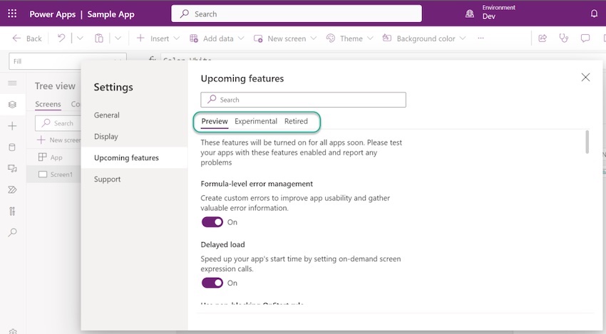 Preview, Experimental and Retired features in Canvas Apps?